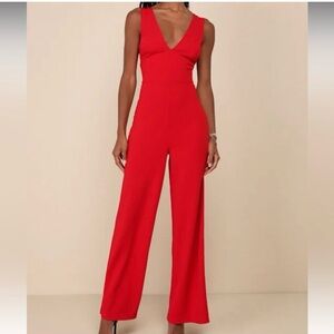 Lulu's Vibrant Red V-Neck Jumpsuit